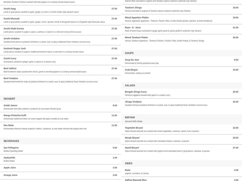 Guru Indian Bistro Menu
