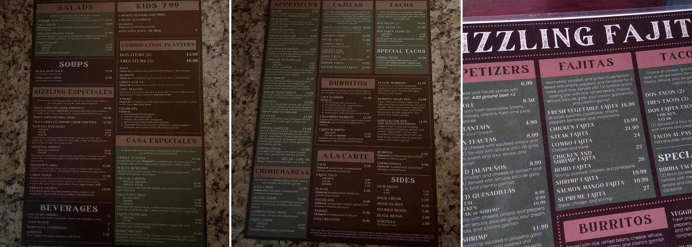 Sizzling Fajita Menu