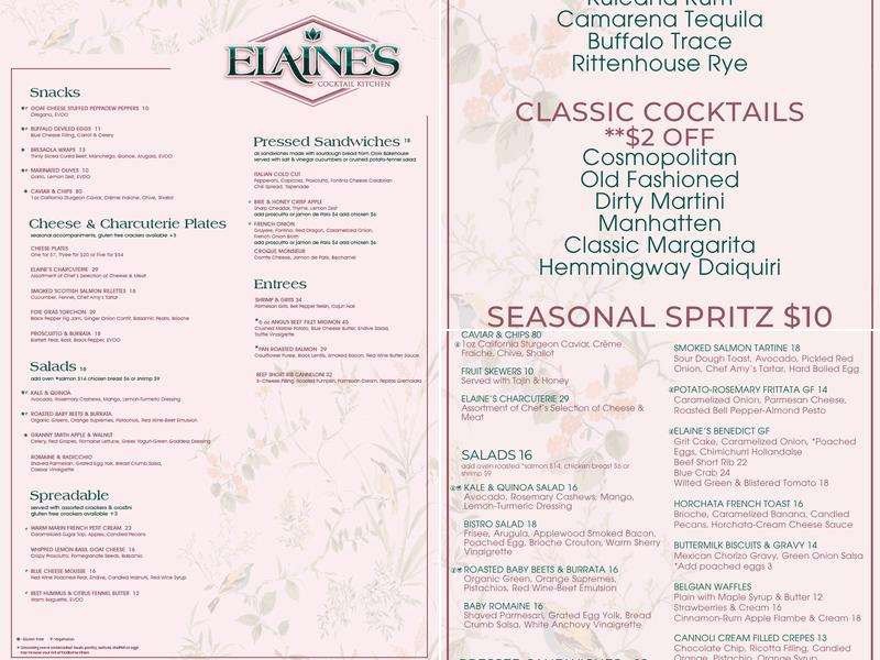 Elaine's Cocktail Kitchen Menu