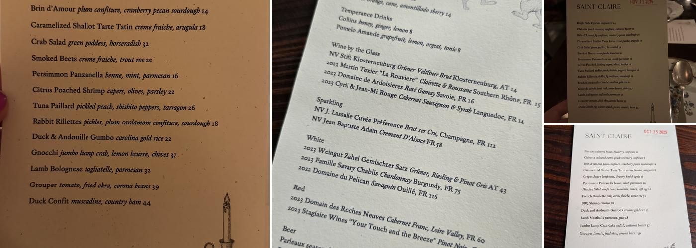 Saint Claire Menu
