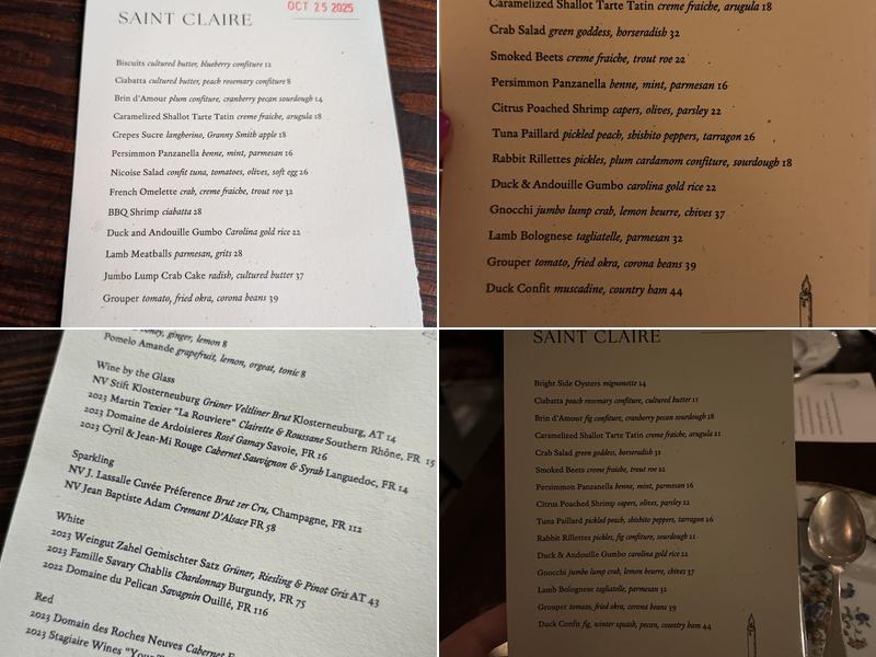 Saint Claire Menu