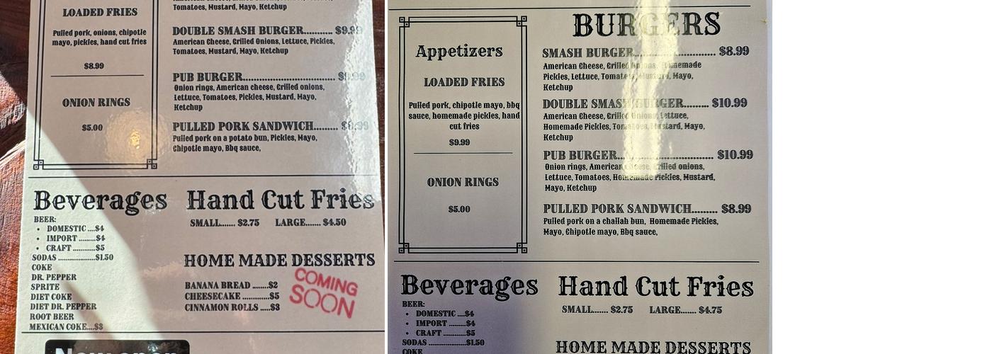 Buckin Burger Menu