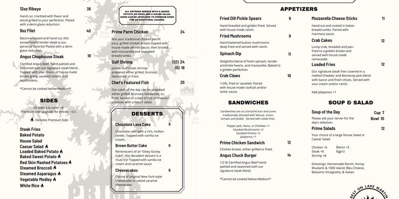 Prime Steakhouse Menu