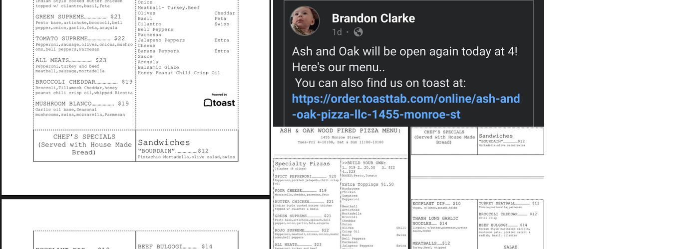 Ash and Oak Pizza Menu
