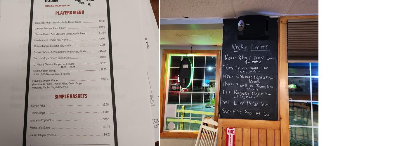 Players Billiards and Bar Menu