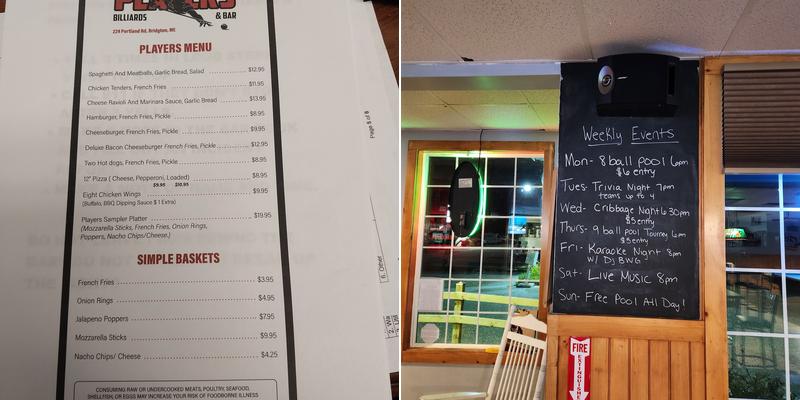 Players Billiards and Bar Menu