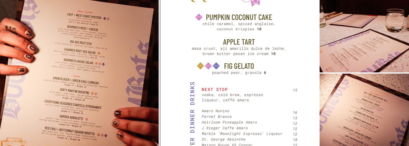 Boombots Pasta Shop Menu