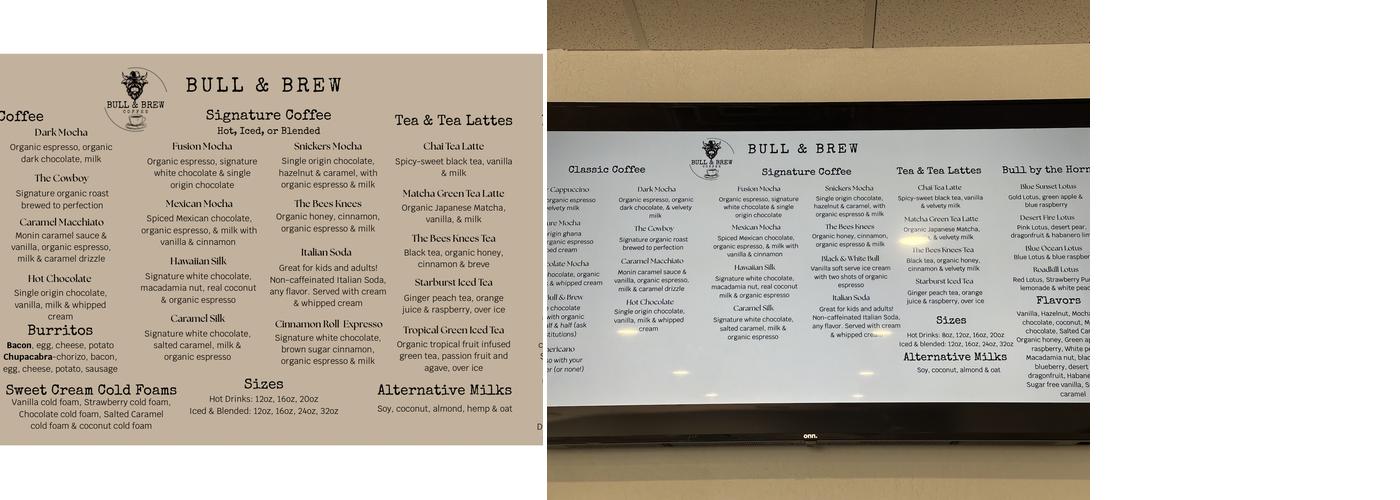 Bull & Brew Coffee Menu