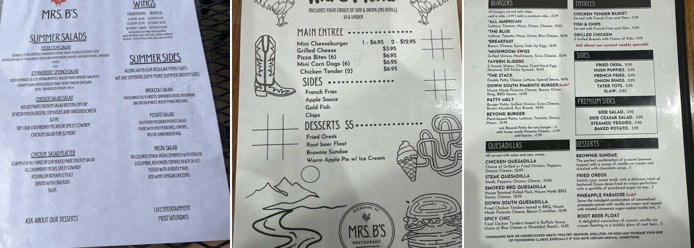 Mrs. B’s Restaurant and Bar Menu