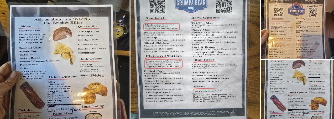 Grumpa Bear BBQ Menu