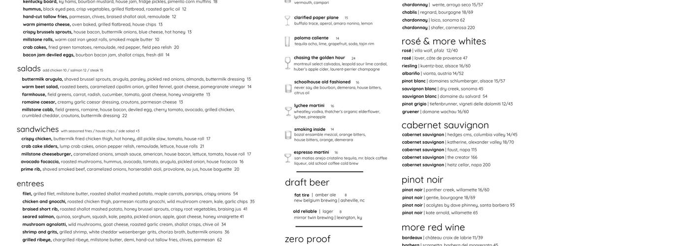 Millstone Menu