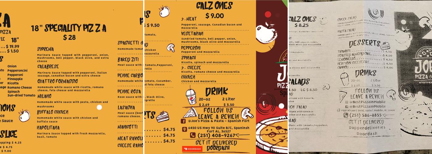 Joe's Pizza and Pasta Menu