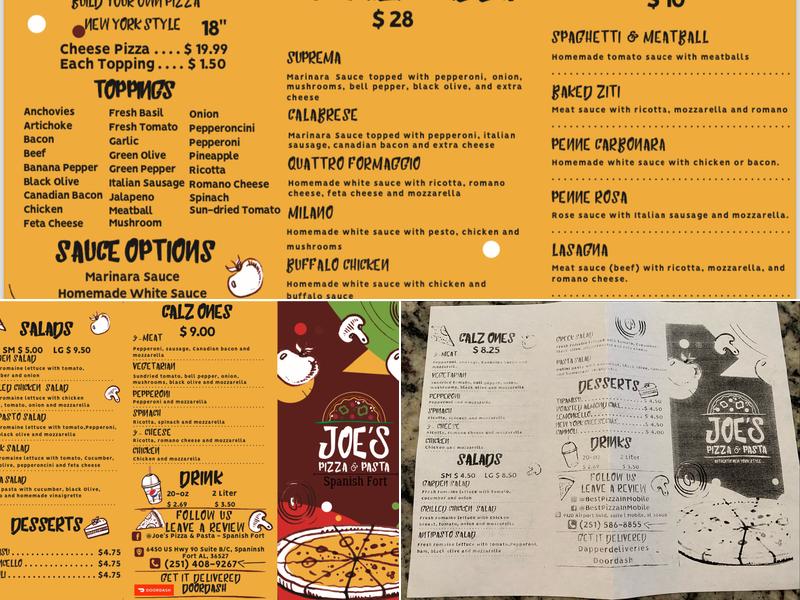 Joe's Pizza and Pasta Menu