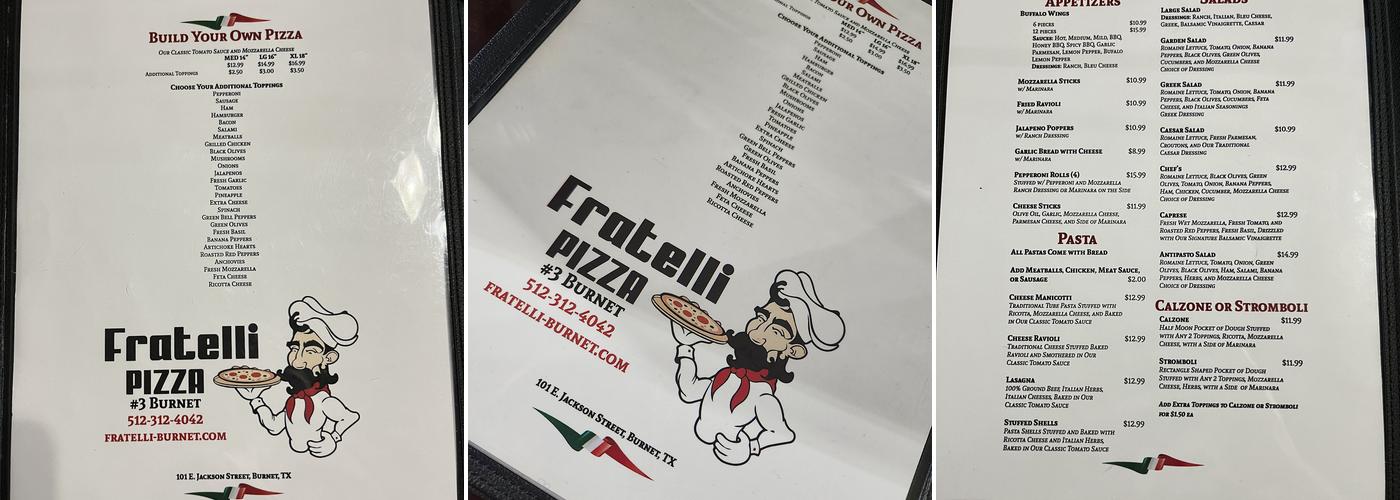 Fratelli Pizza #3 Burnet Menu