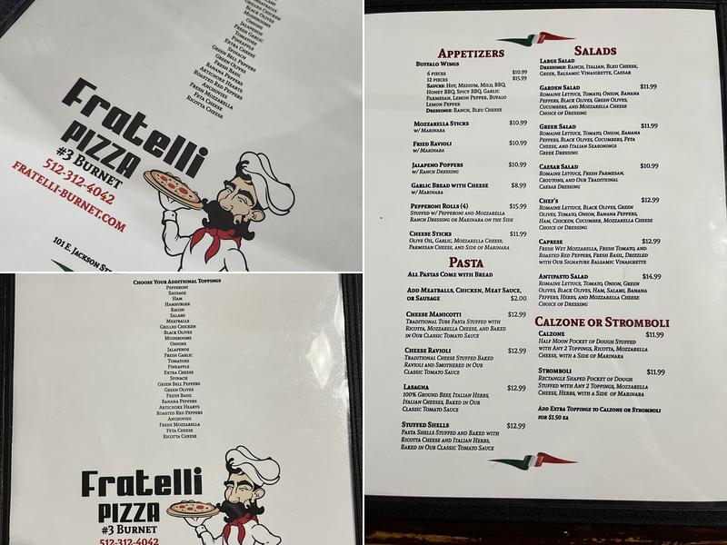 Fratelli Pizza #3 Burnet Menu