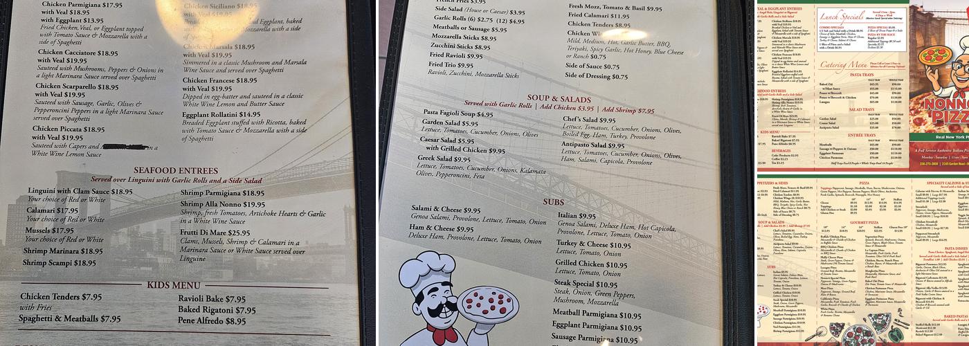 Nonnos Pizza Menu