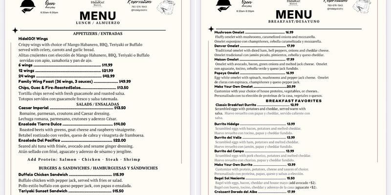 HidalGo Bistro Menu