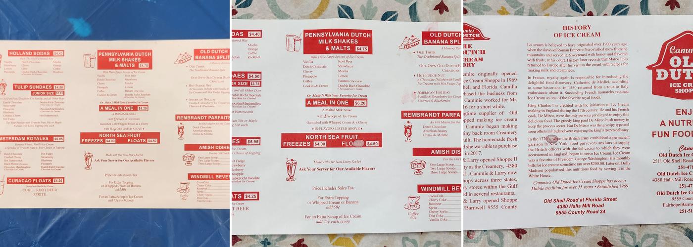 Cammies Old Dutch Ice Cream Menu