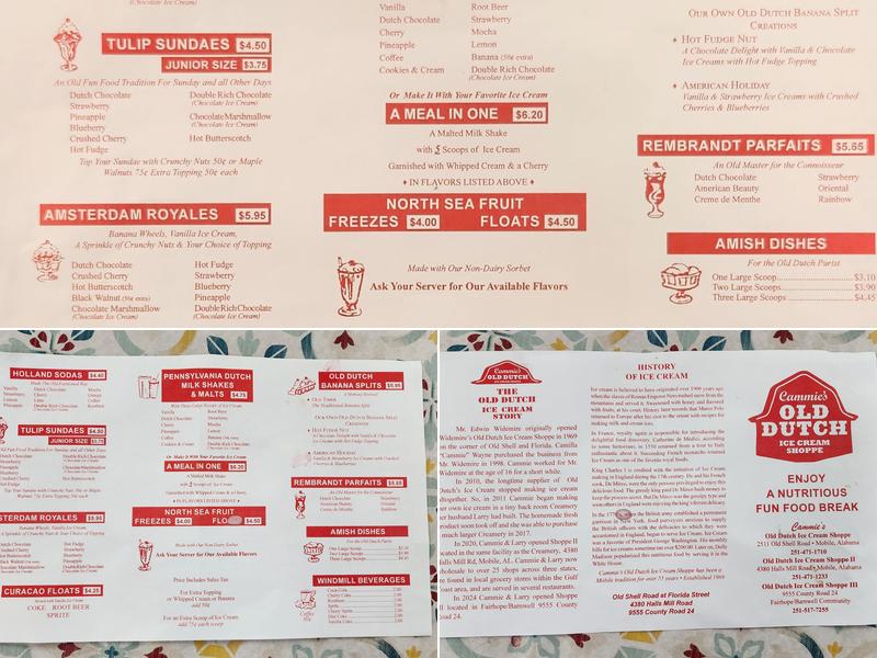 Cammies Old Dutch Ice Cream Menu