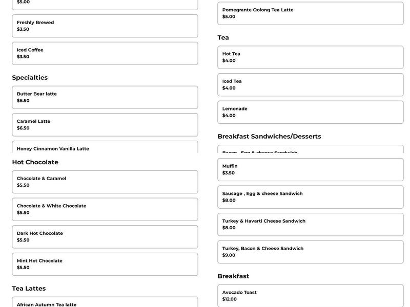 Euro Brunch Coffee Menu
