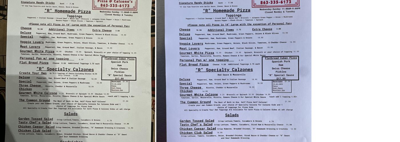R-Place Pizza & Calzone’s Menu