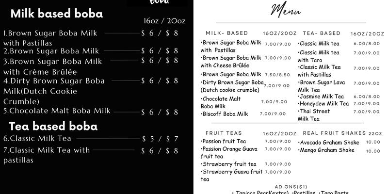 Westside Boba Menu