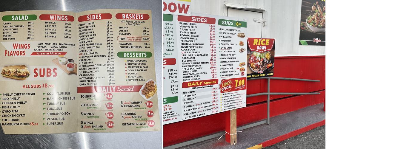 Tunis Seafood Wings and Subs Menu