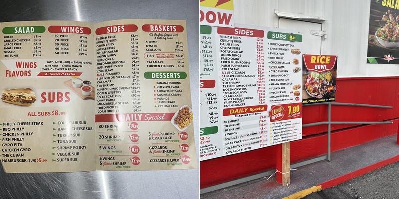 Tunis Seafood Wings and Subs Menu