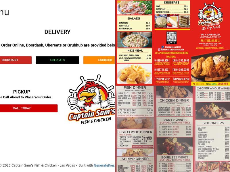 Captain Sam's Fish & Chicken Menu