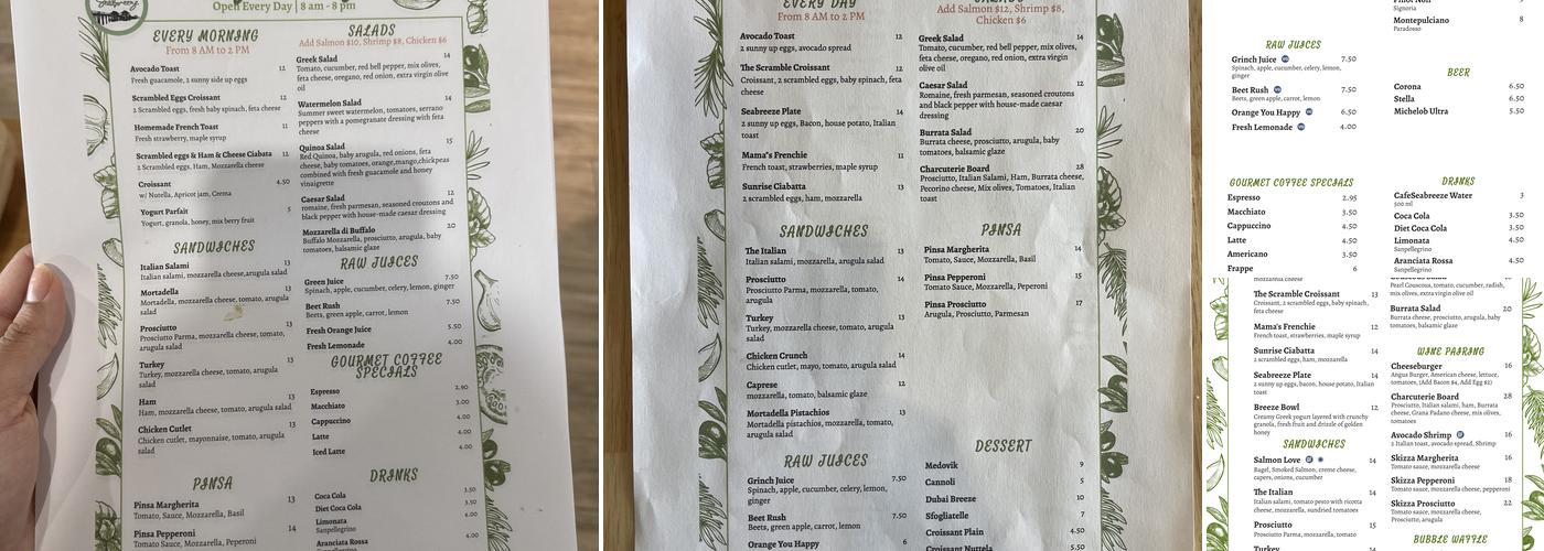 Cafe Seabreeze Menu
