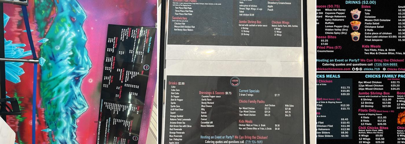 Chicks Inc Menu