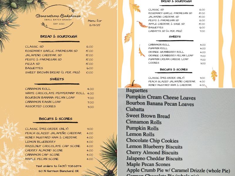 Generations Bakehouse Menu