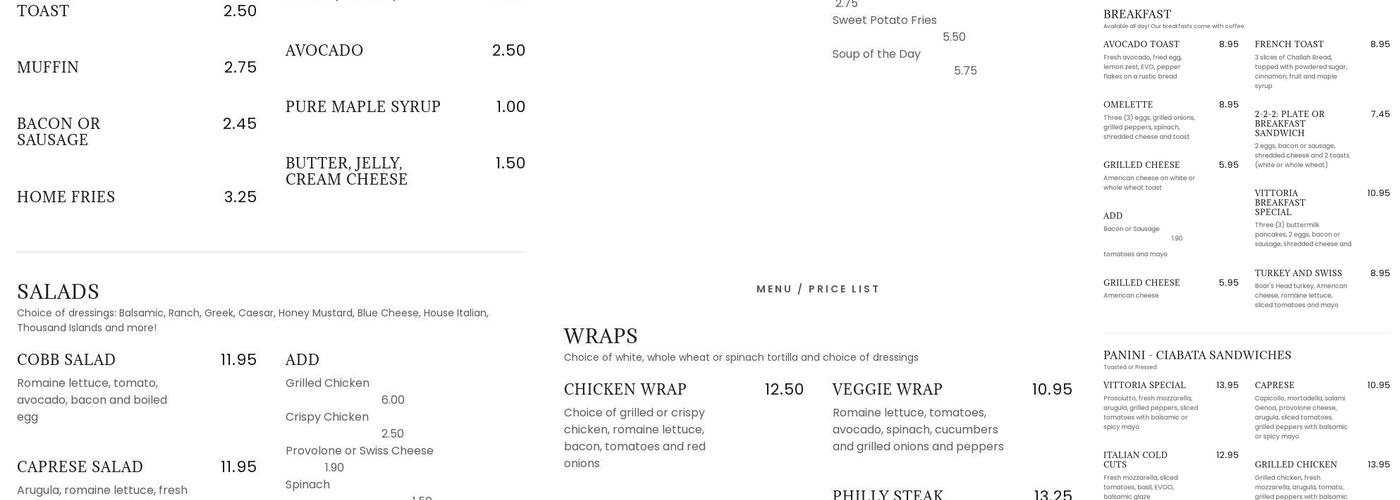 Bistro Vittoria Trattoria Menu