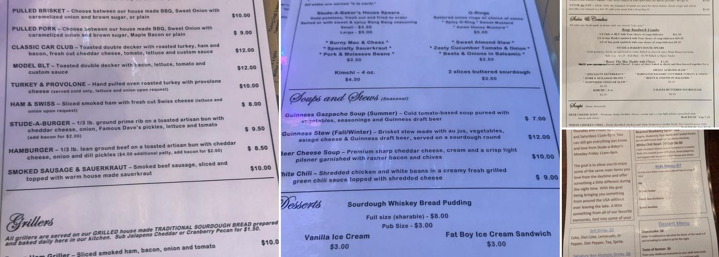 Stude-A-Baker's Menu