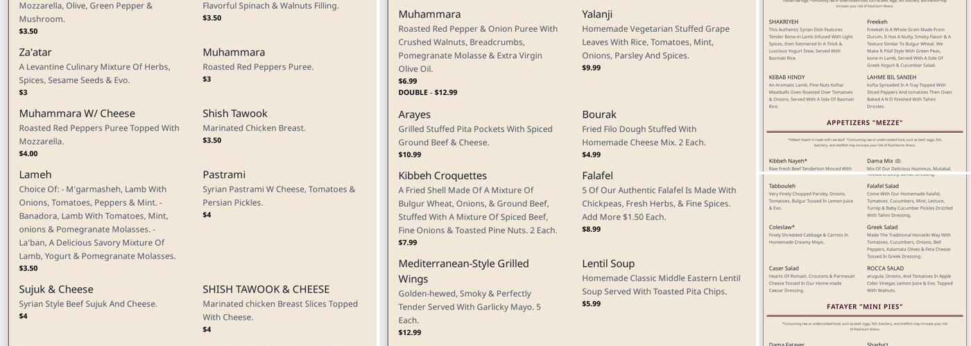 Dama Rose Menu