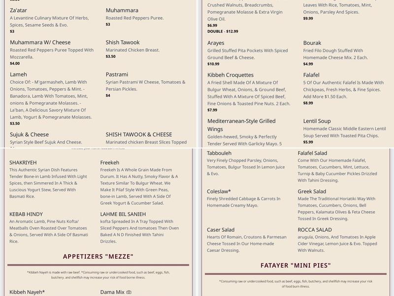 Dama Rose Menu
