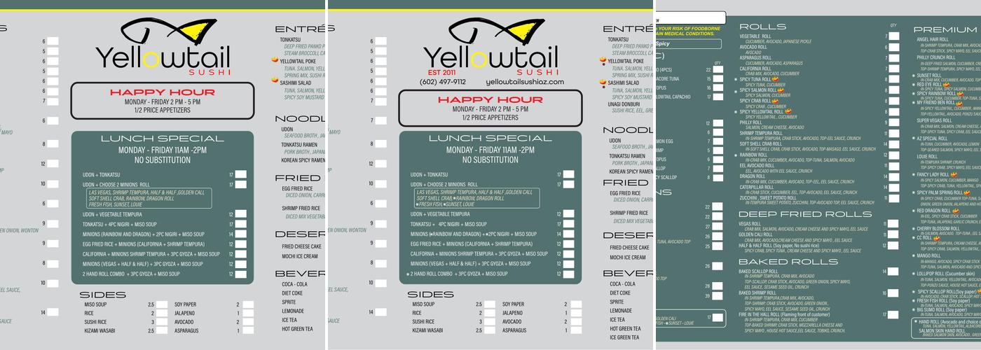 Yellowtail Sushi and Sake Menu