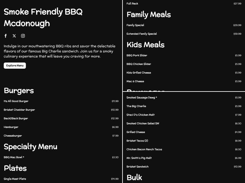 Smoke Friendly BBQ Menu