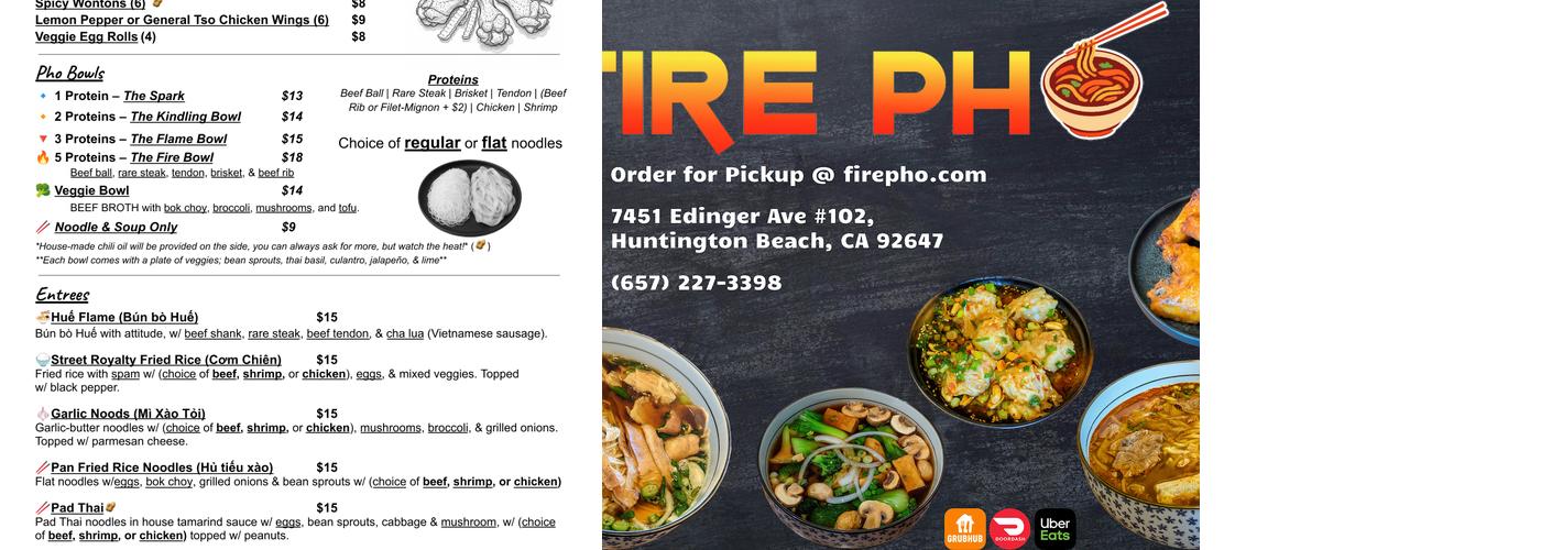 Fire Pho Menu