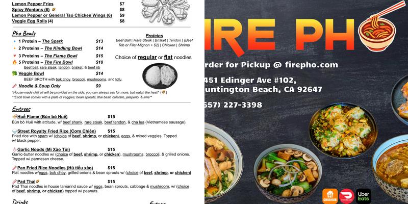 Fire Pho Menu
