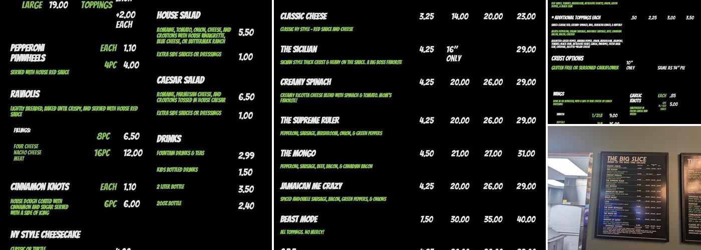 Big Slice Golf & Games Menu