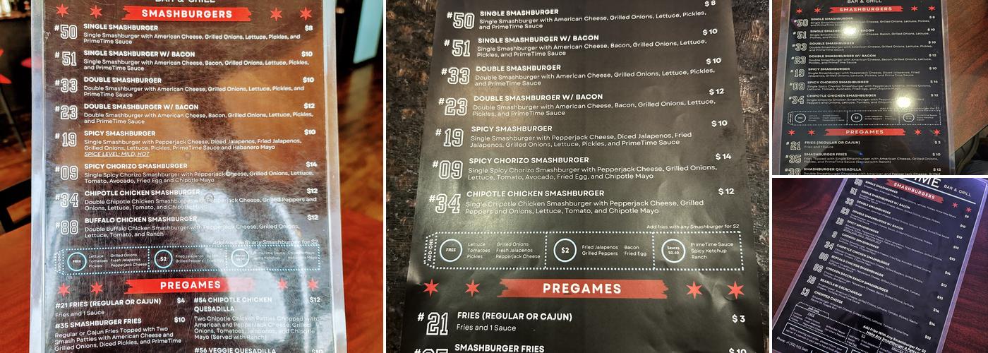 PrimeTime Bar & Grill Menu