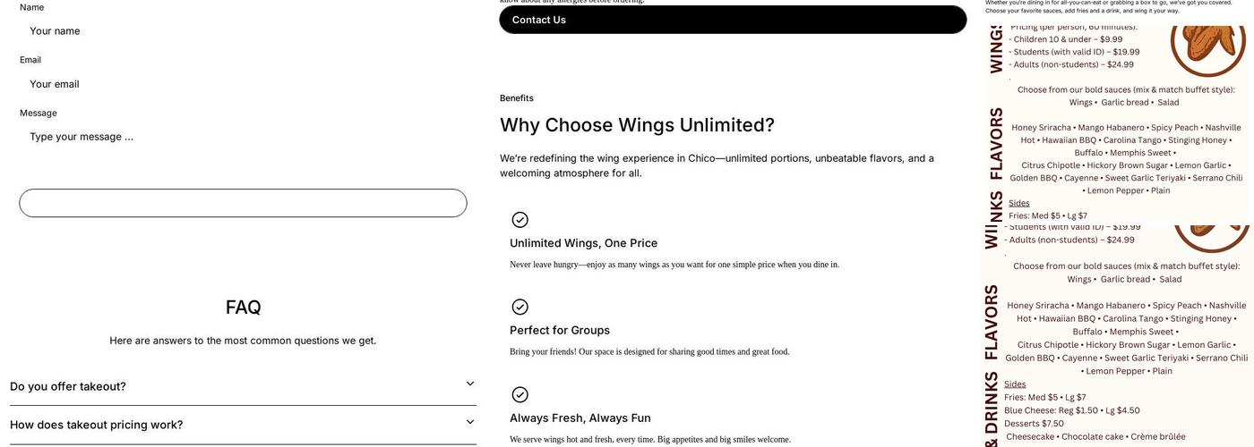 Wings Unlimited Menu