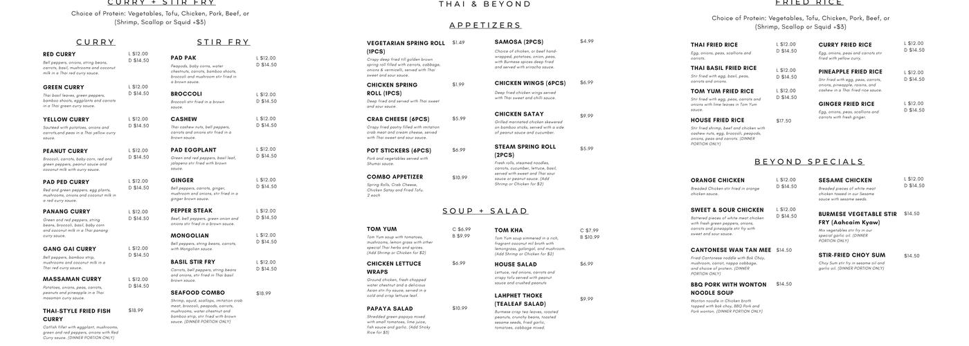 Thai & Beyond Menu