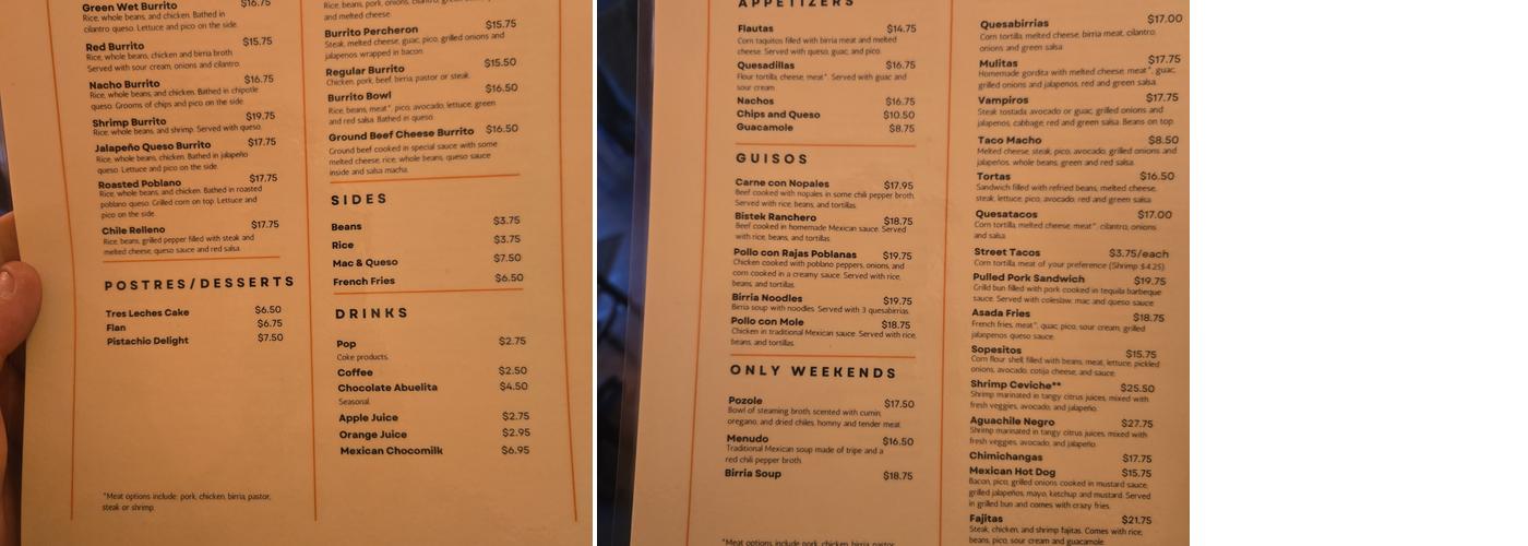 Casa Fridah LLC Menu