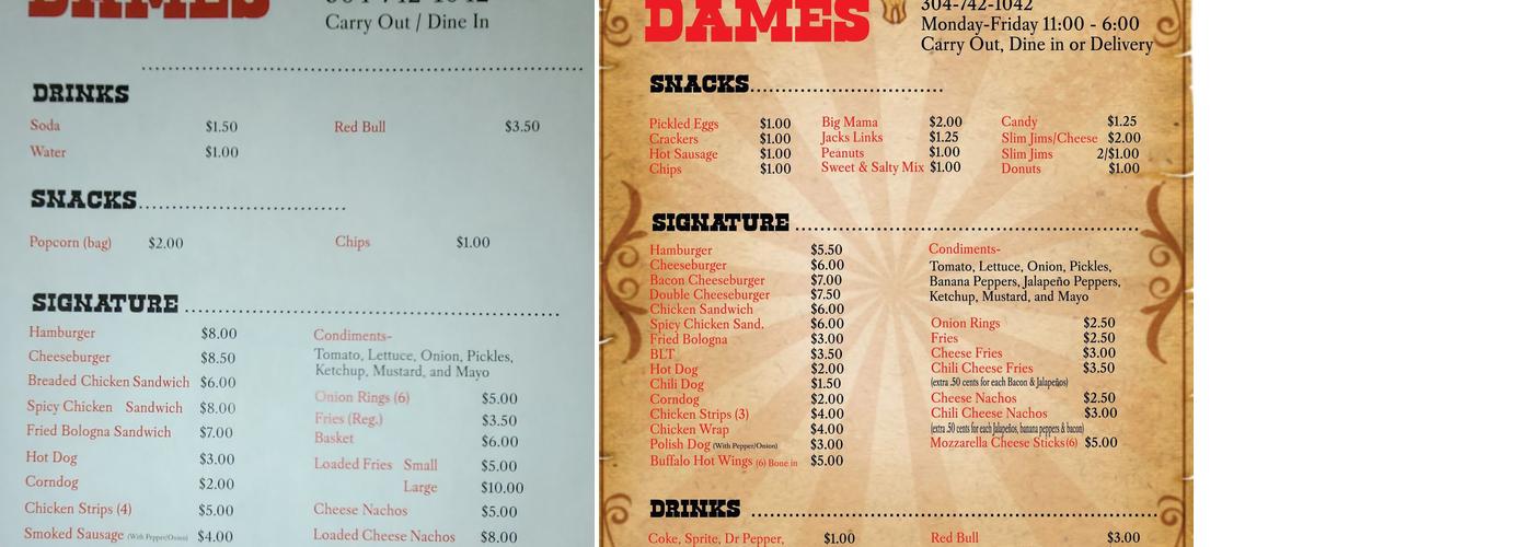Dizzy Dames Saloon Menu