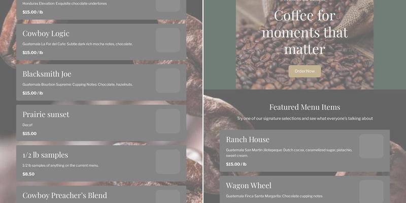 PINKS Coffee Roasting Menu