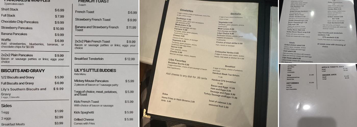 Lilys Diner Inc Menu