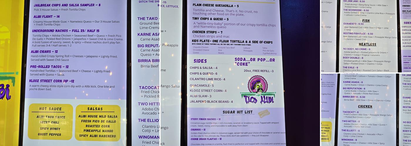 Taco Alibi Menu