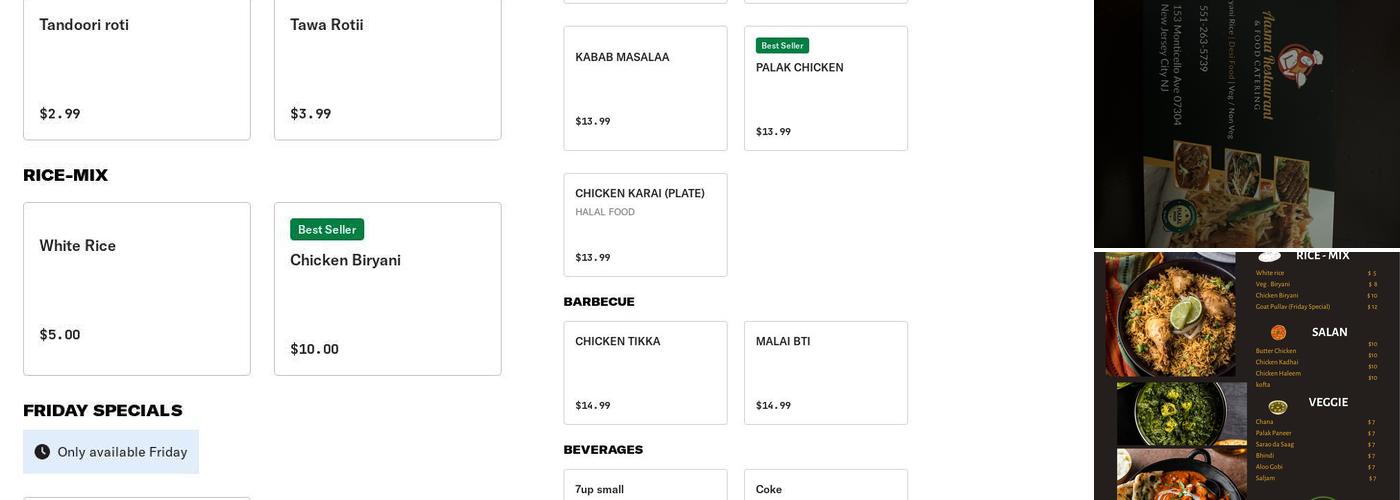 Aasma Restaurant Menu
